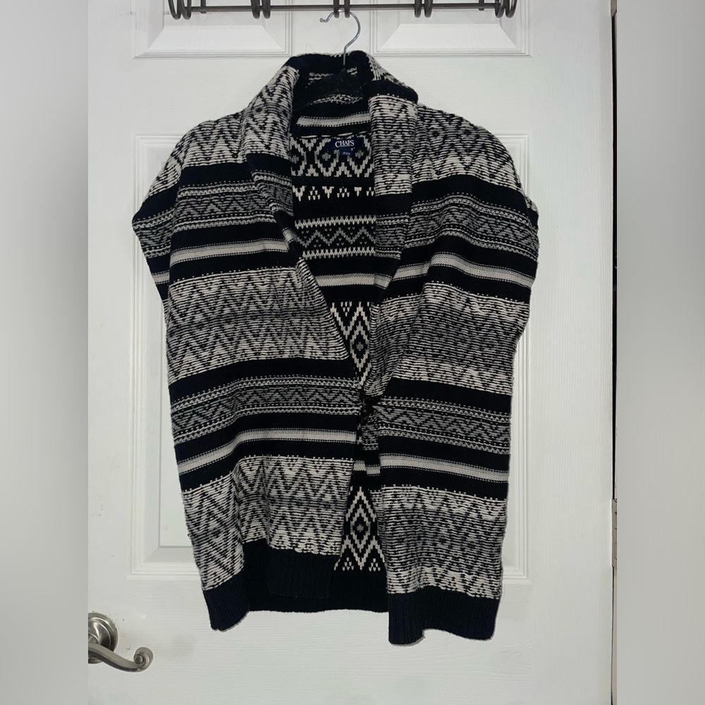 Chaps Black and White Geometric Cardigan Vest Large